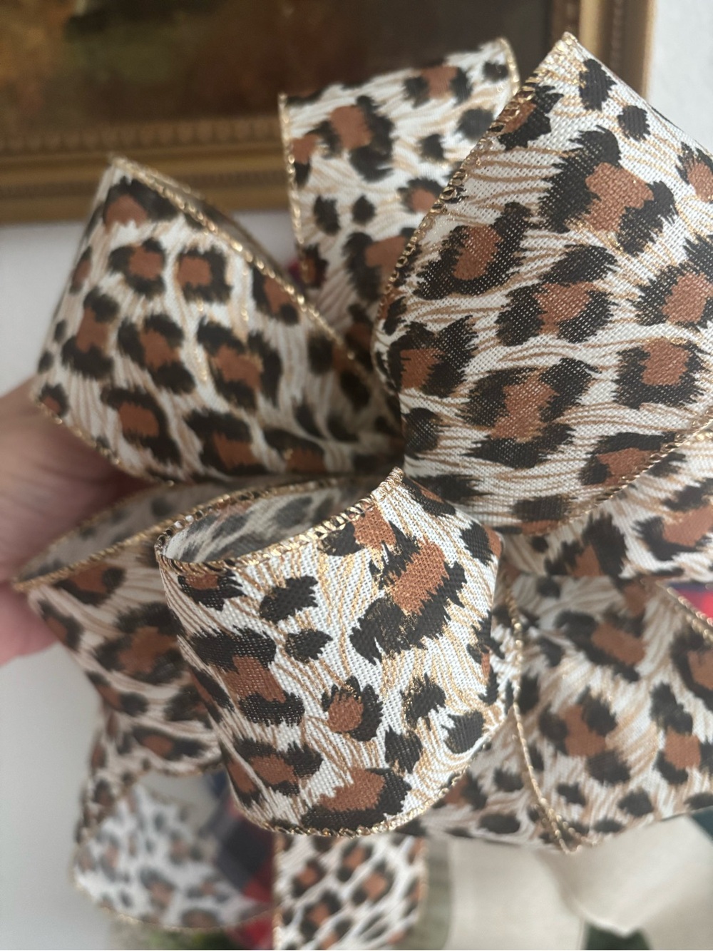 Leopard Print Handmade Wired Bow - Brown Black Gold Trim Custom Bow Final Sale - Picture 5 of 5